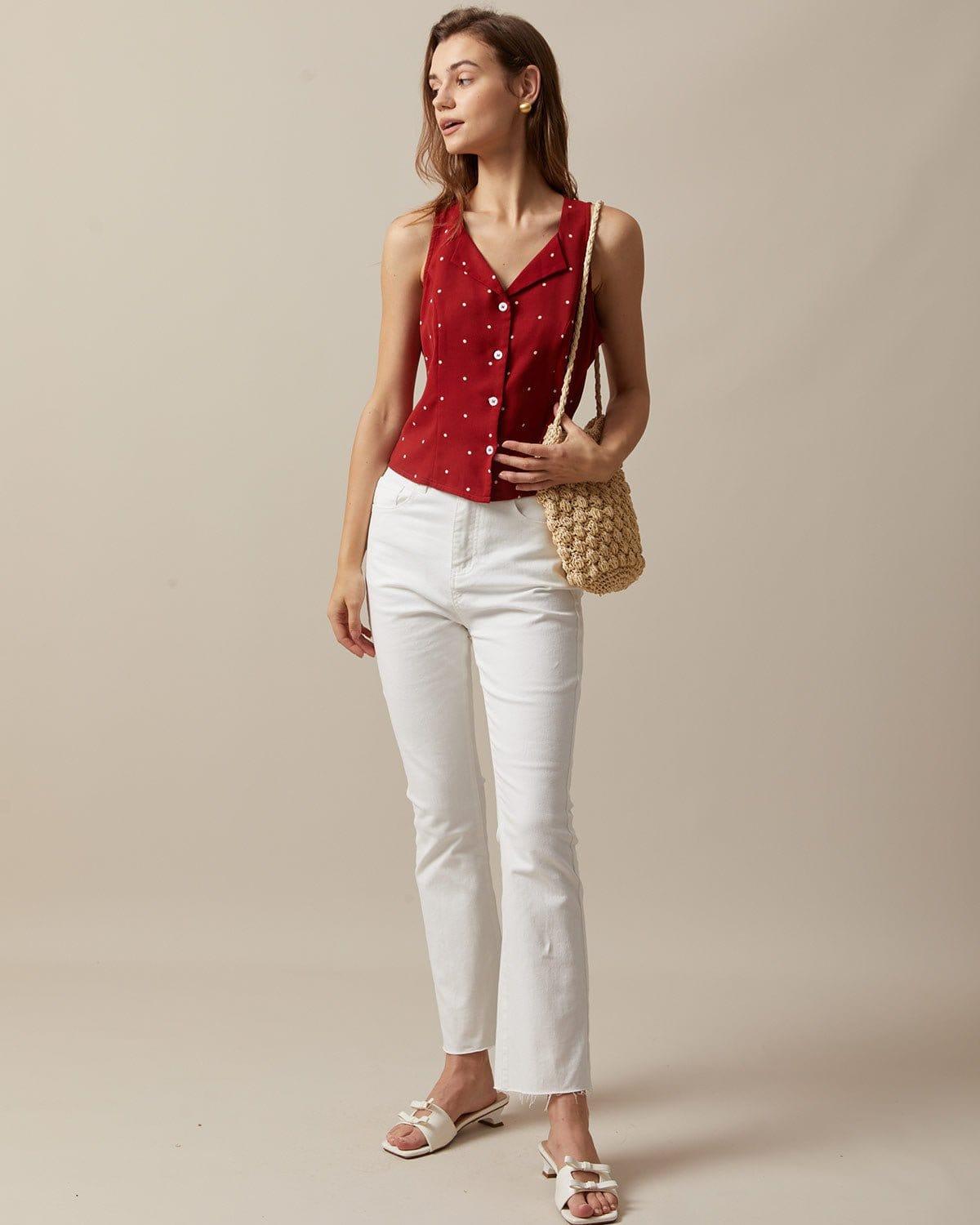 The Red V Neck Polka Dot Print Sleeveless Vest Product Image