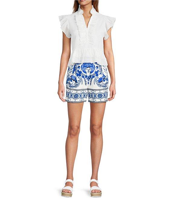 A Loves A Woven Ruffle Collar Split V-Neck Flutter Cap Sleeve Cropped Blouse Product Image