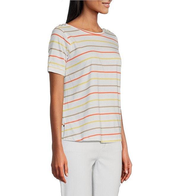 Multiples Petite Size Yarn-Dye Jersey Knit Stripe Boat Neck Elbow Sleeve Fitted Top Product Image