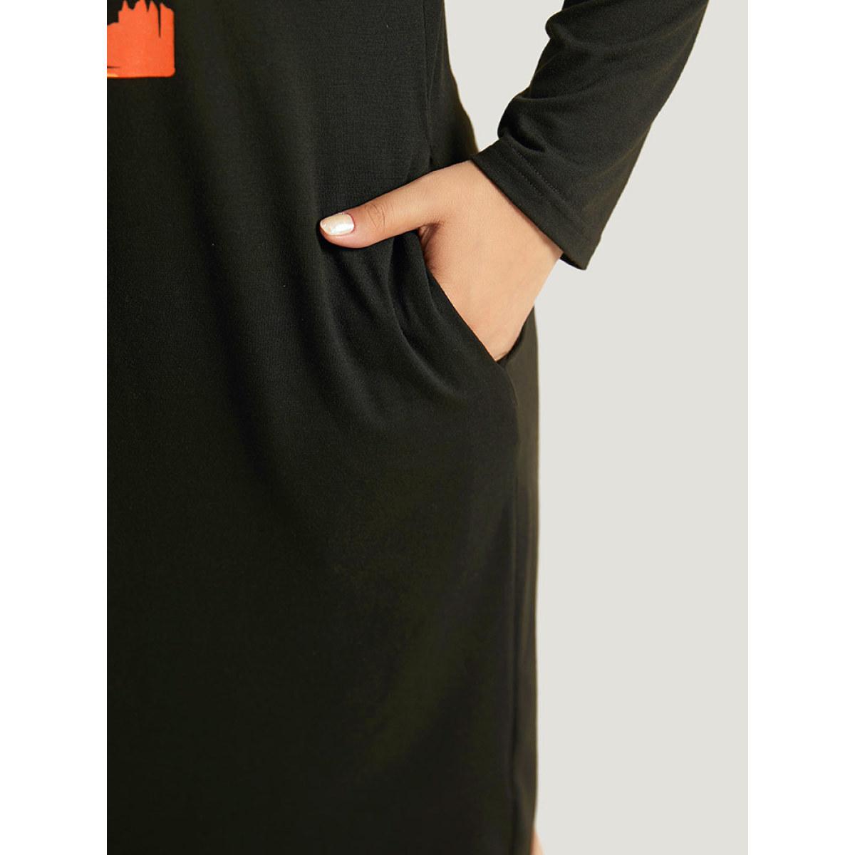 Plus Size Halloween Pumpkin & Letter Print Pocket Lace Panel Dress Black Women Casual Printed Curvy Midi Dress BloomChic 18-20/2X Product Image