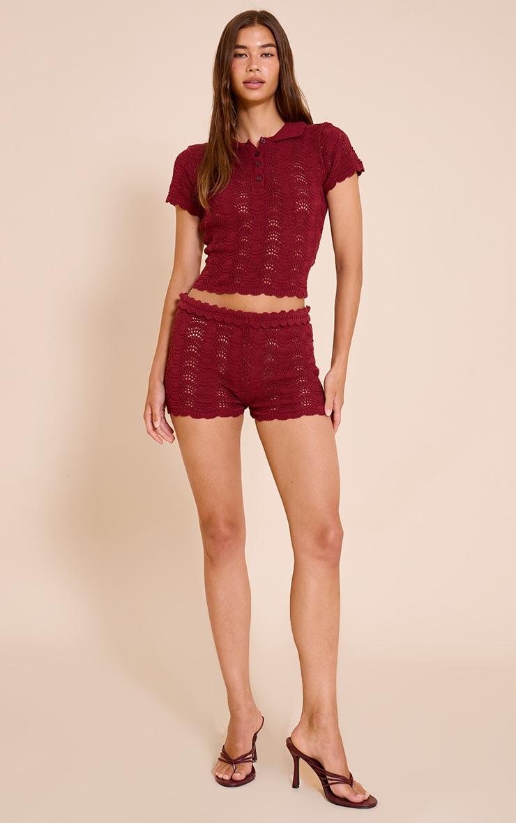 Burgundy Crochet Polo Neck Top Product Image