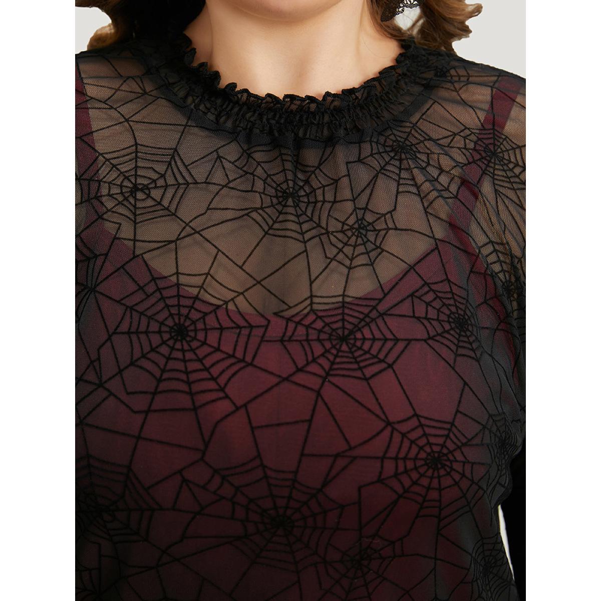 Plus Size Black Halloween Spider Web Mesh Bell Sleeve Blouse Women Elegant Long Sleeve Halter neck Festival-Halloween Blouses BloomChic 12/L Product Image