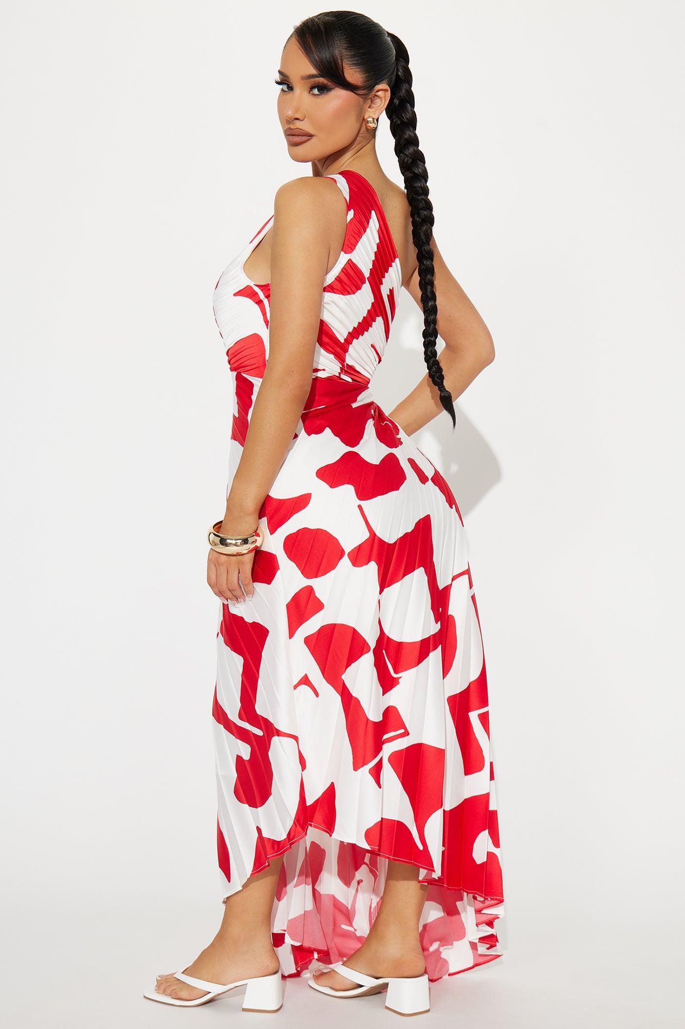 Tia Satin Midi Dress - Red/White Product Image