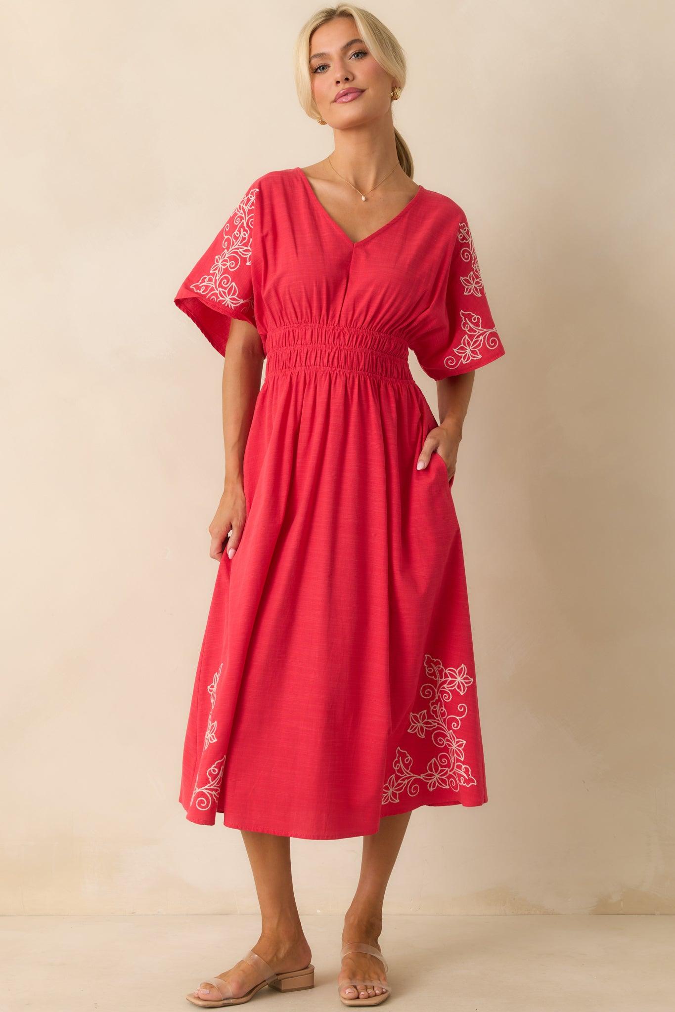 Finding Your Way Red Floral Embroidered Cotton Midi Dress Product Image