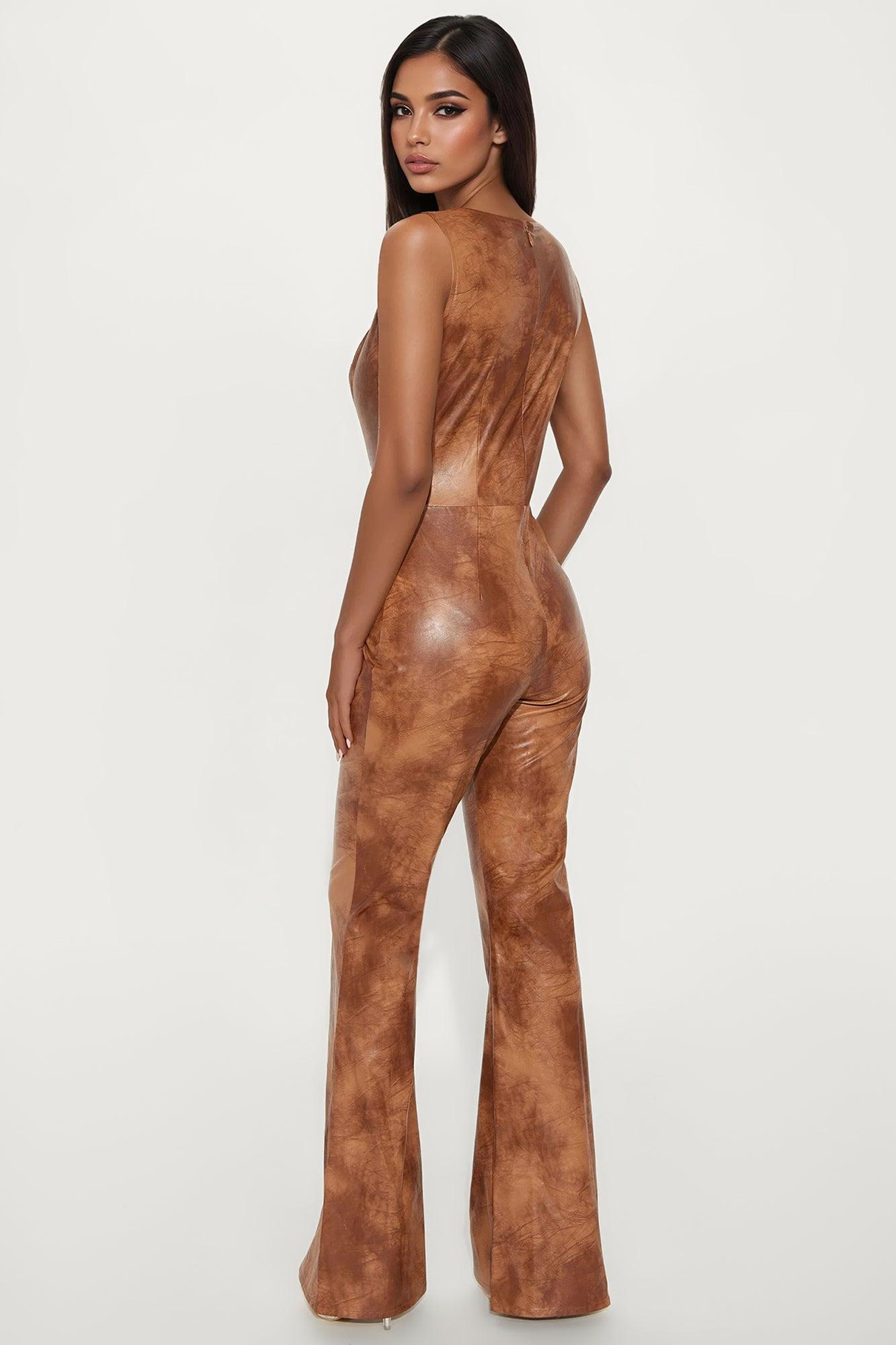 Klarissa Faux Leather Lace Up Jumpsuit - Brown Female Product Image