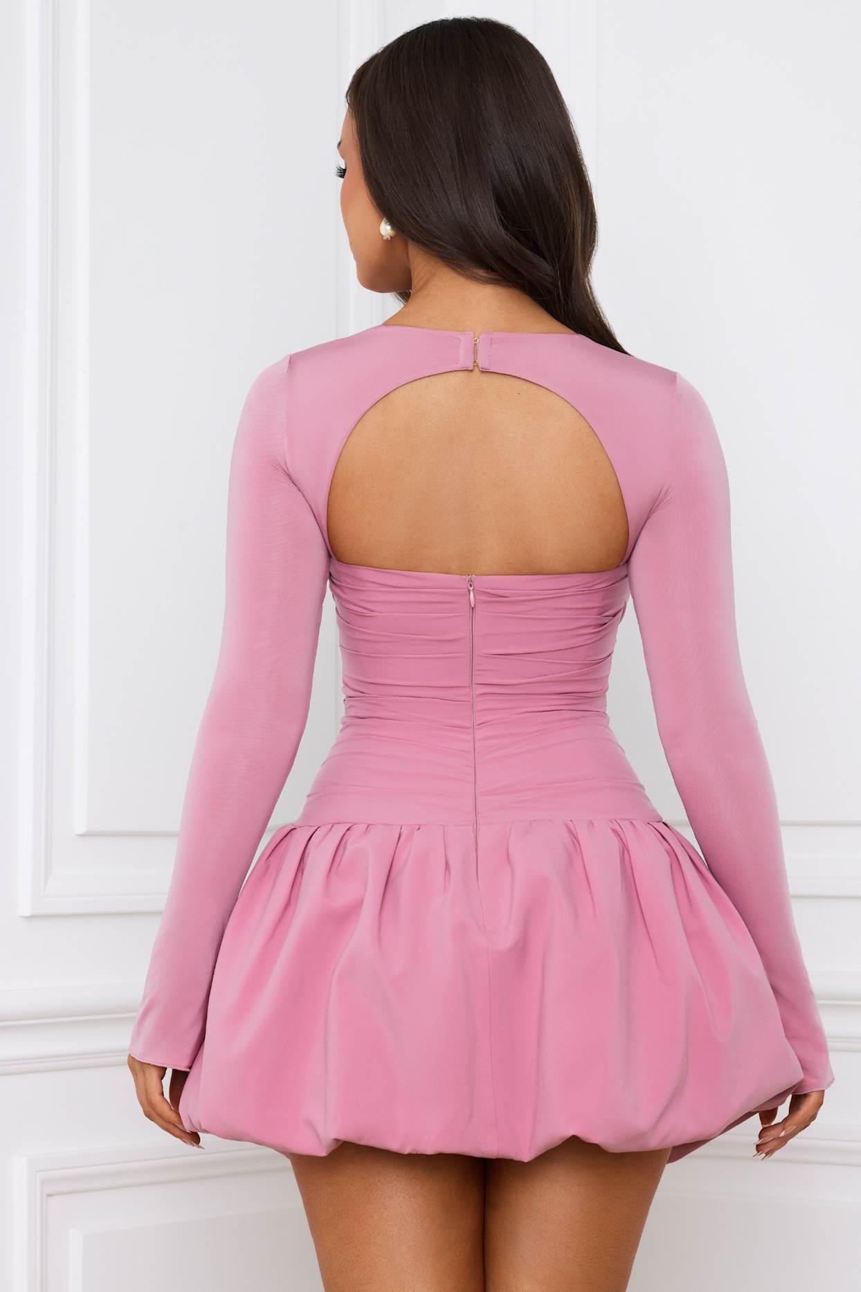 Long-Sleeve Bubble Hem Mini Dress in Mauve Product Image