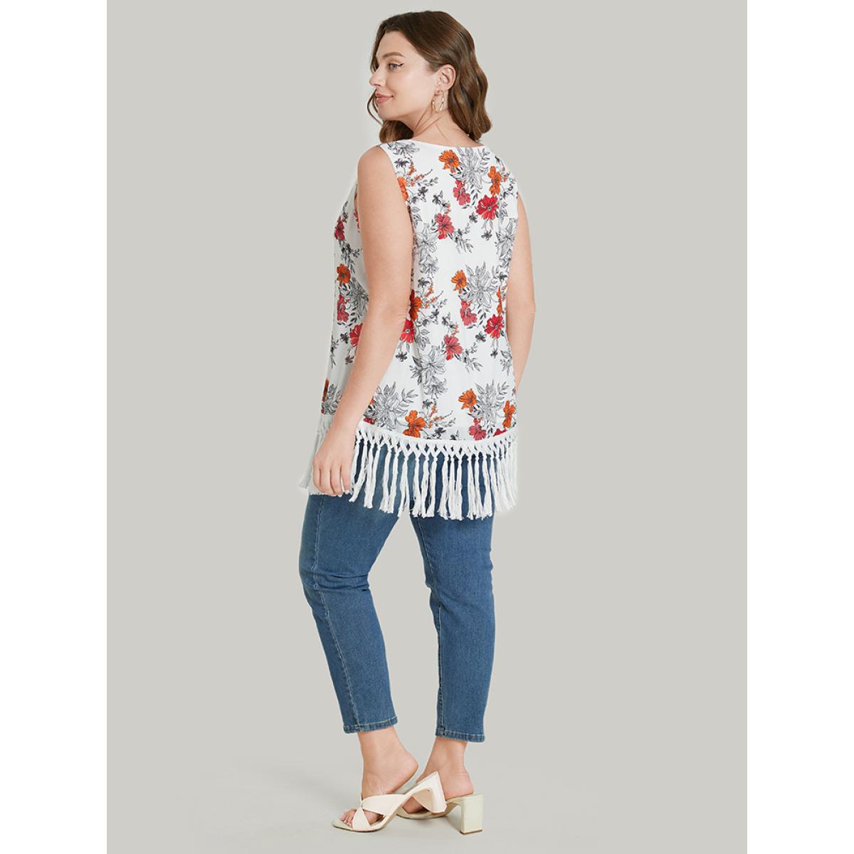 Plus Size Floral Print Fringe Trim Tank Top Women White Vacation Dailywear Tank Tops Camis BloomChic 10/M Product Image