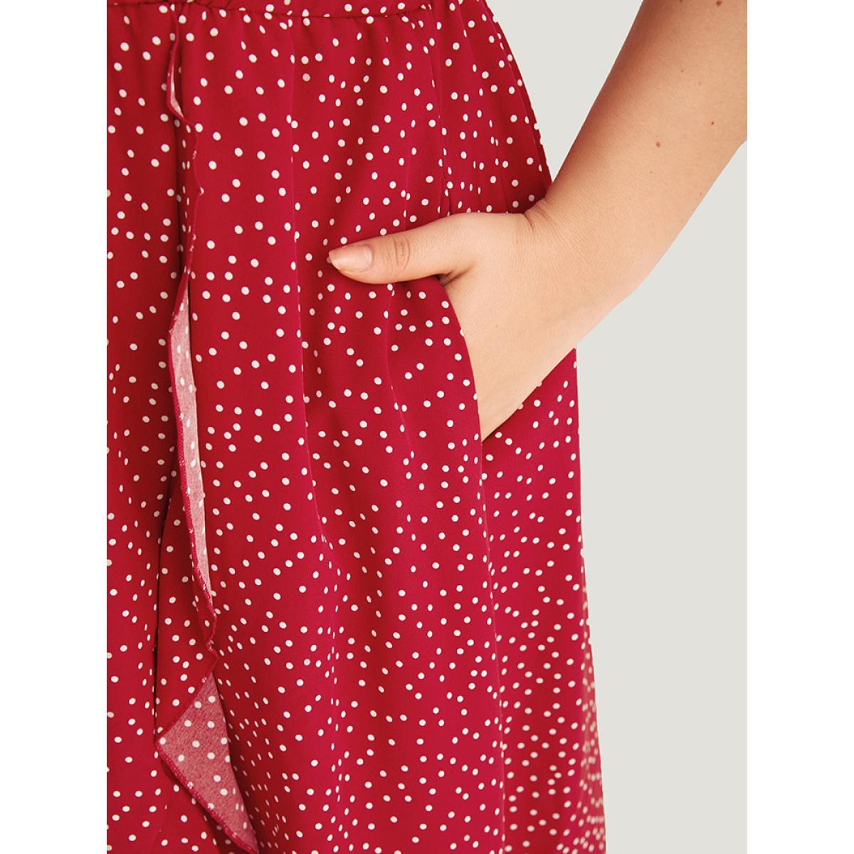 Plus Size Polka Dot Ruffles Wrap Pocket Asymmetrical Hem Dress Raspberry Women Elegant Wrap V-neck Short sleeve Curvy Knee Dress BloomChic 14-16/1X Product Image