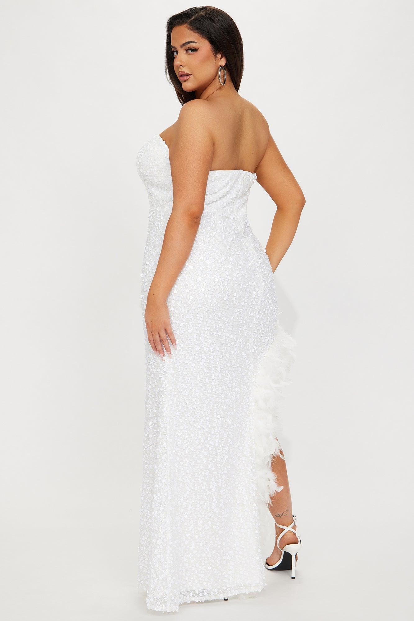 Sweetheart Sequin Feathered Maxi Dress - White Product Image