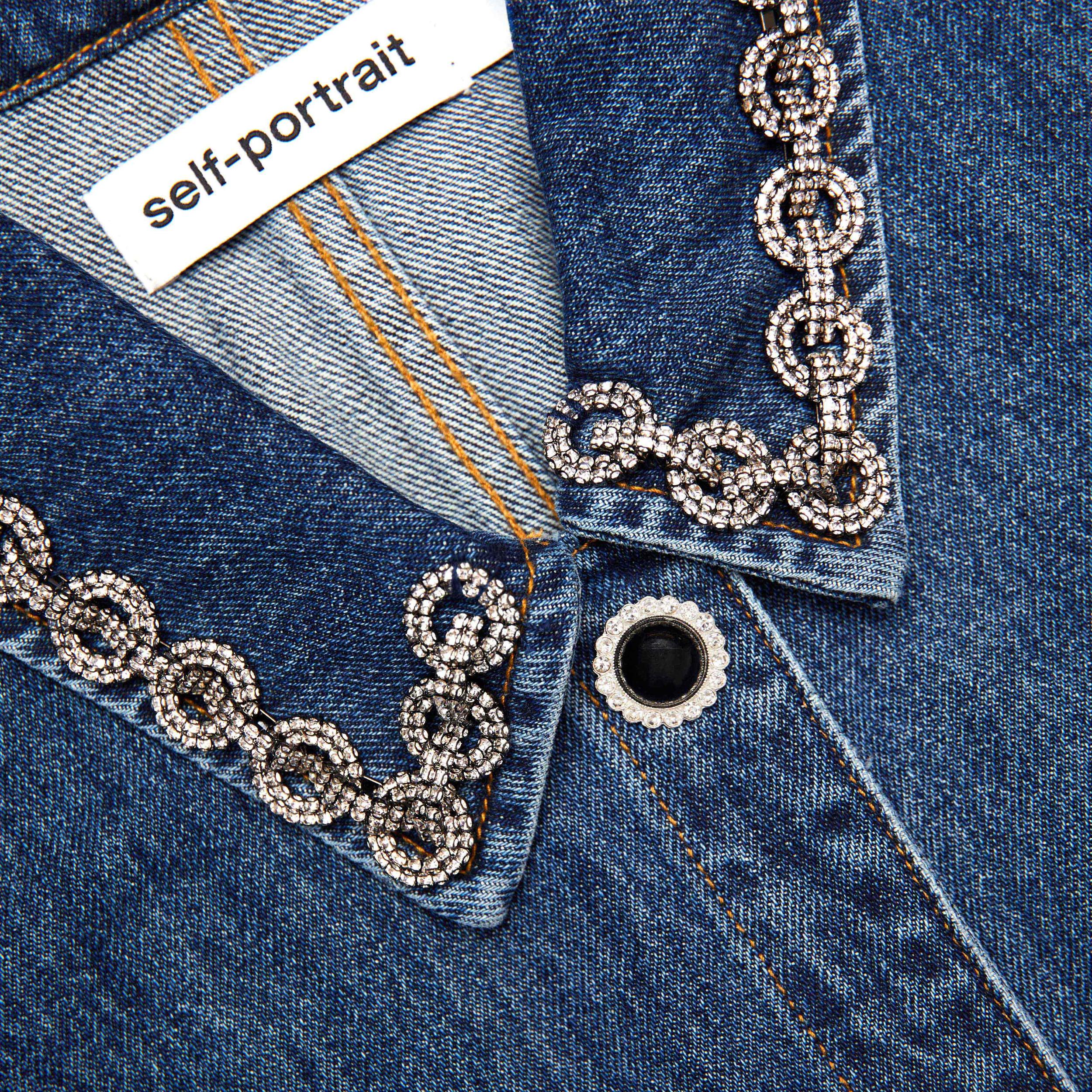 Denim Crystal Trim Collared Mini Dress Product Image