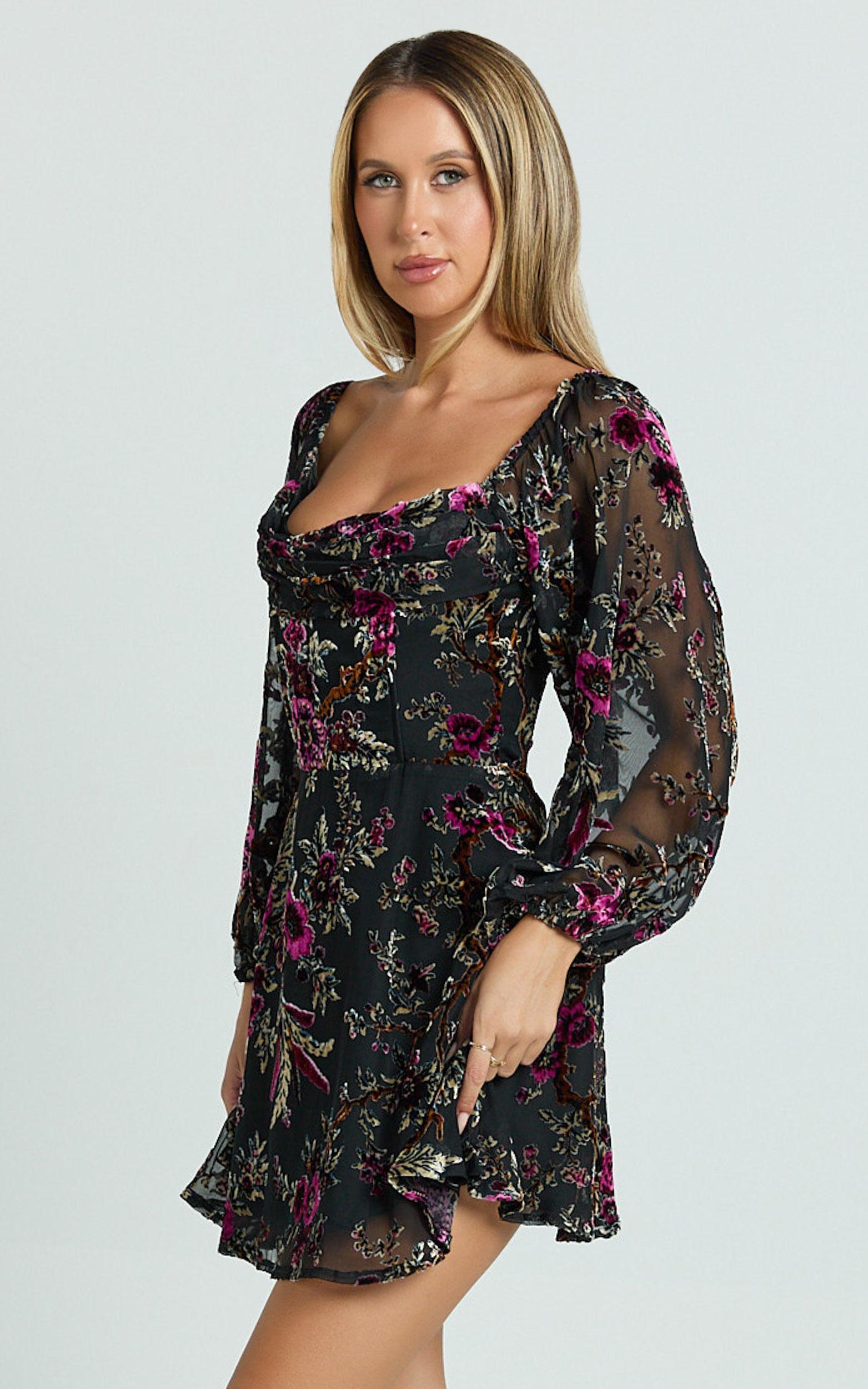 Jessell Mini Dress - Long Sleeve Cowl Corset Dress in Black Floral Product Image