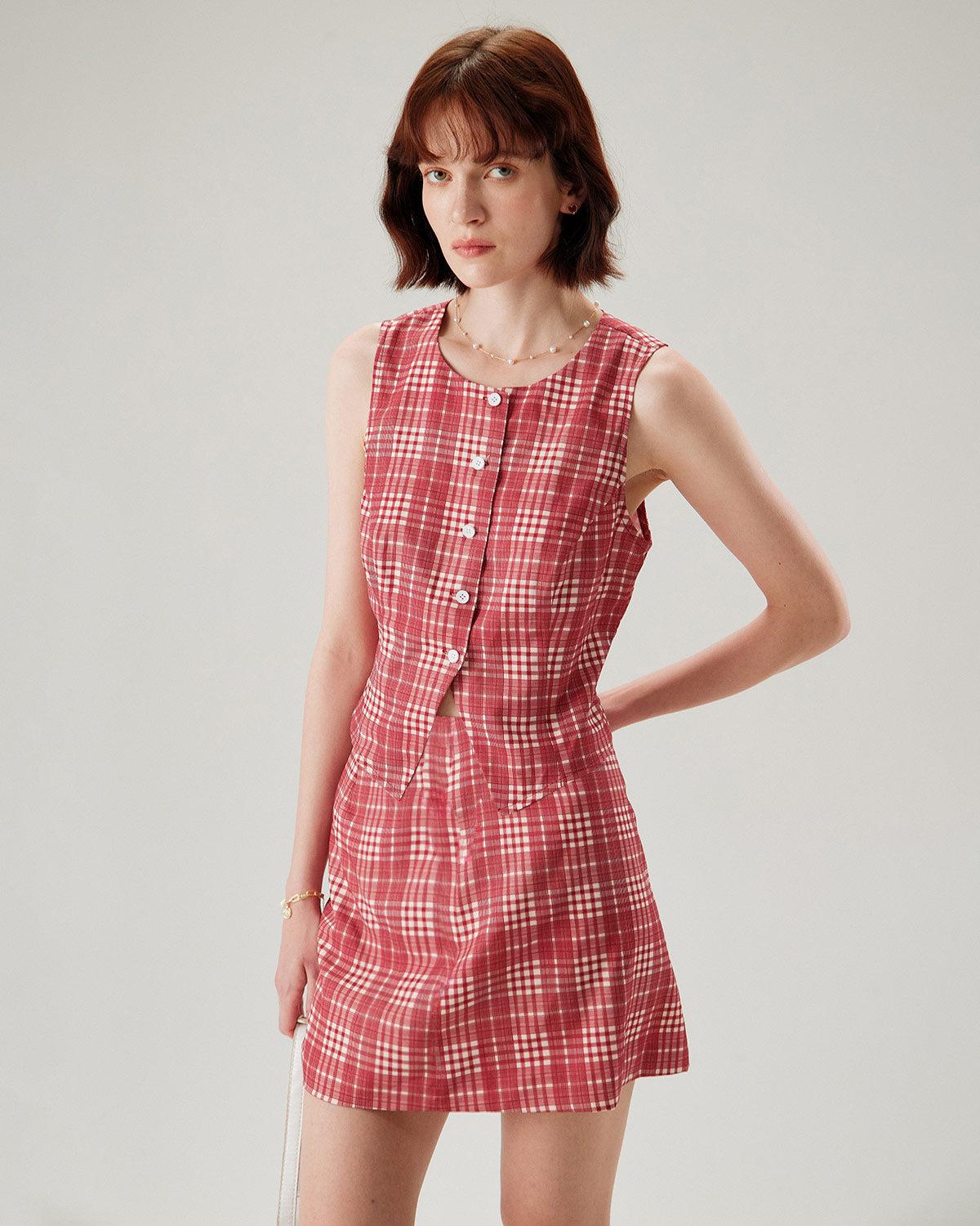 Red Plaid High-Waisted Mini Skirt Product Image
