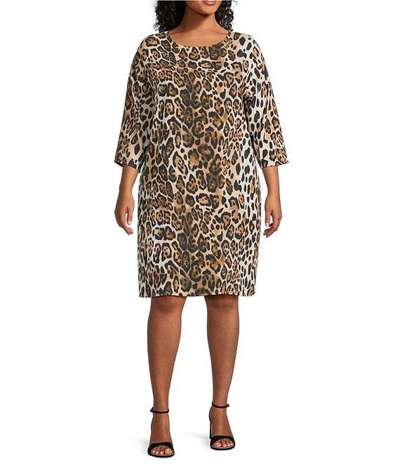 Caroline Rose Plus Leopard Print Matte Crepe Round Neck 3/4 Sleeve Shift Dress Product Image