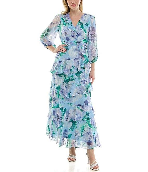 Moda Tara 3/4 Sleeve Floral Print Chiffon Faux Wrap Maxi Dress Product Image