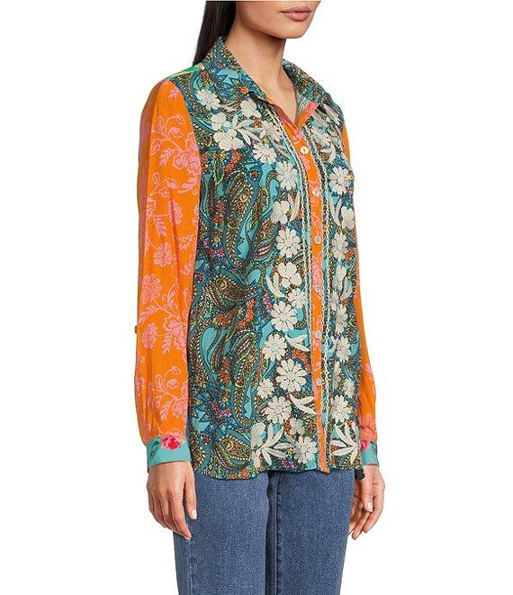 John Mark Multi Print Point Collar Long Roll-Tab Sleeve Button Front Top Product Image