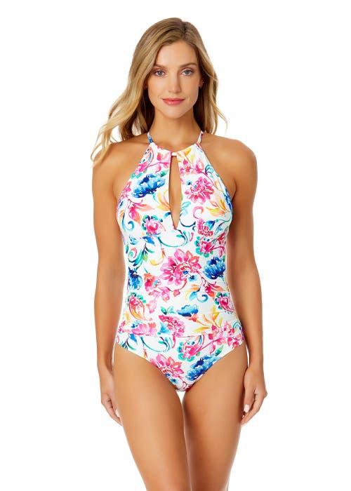 Anne Cole Women's Watercolor Paisley High Neck With Ruffled Straps One Piece Swimsuit Product Image