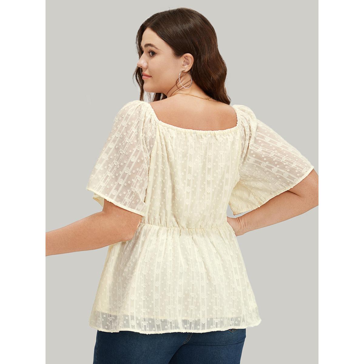 Plus Size Ivory Plisse Mesh Square Neck Elastic Waist Blouse Women Elegant Short sleeve Square Neck Dailywear Blouses BloomChic 28/5X Product Image