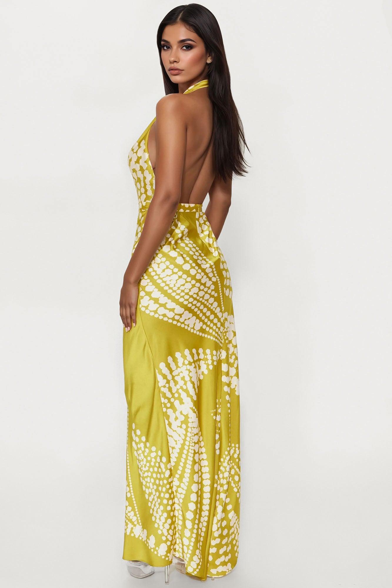 Sicily Summer Satin Maxi Dress - Chartreuse Female Product Image
