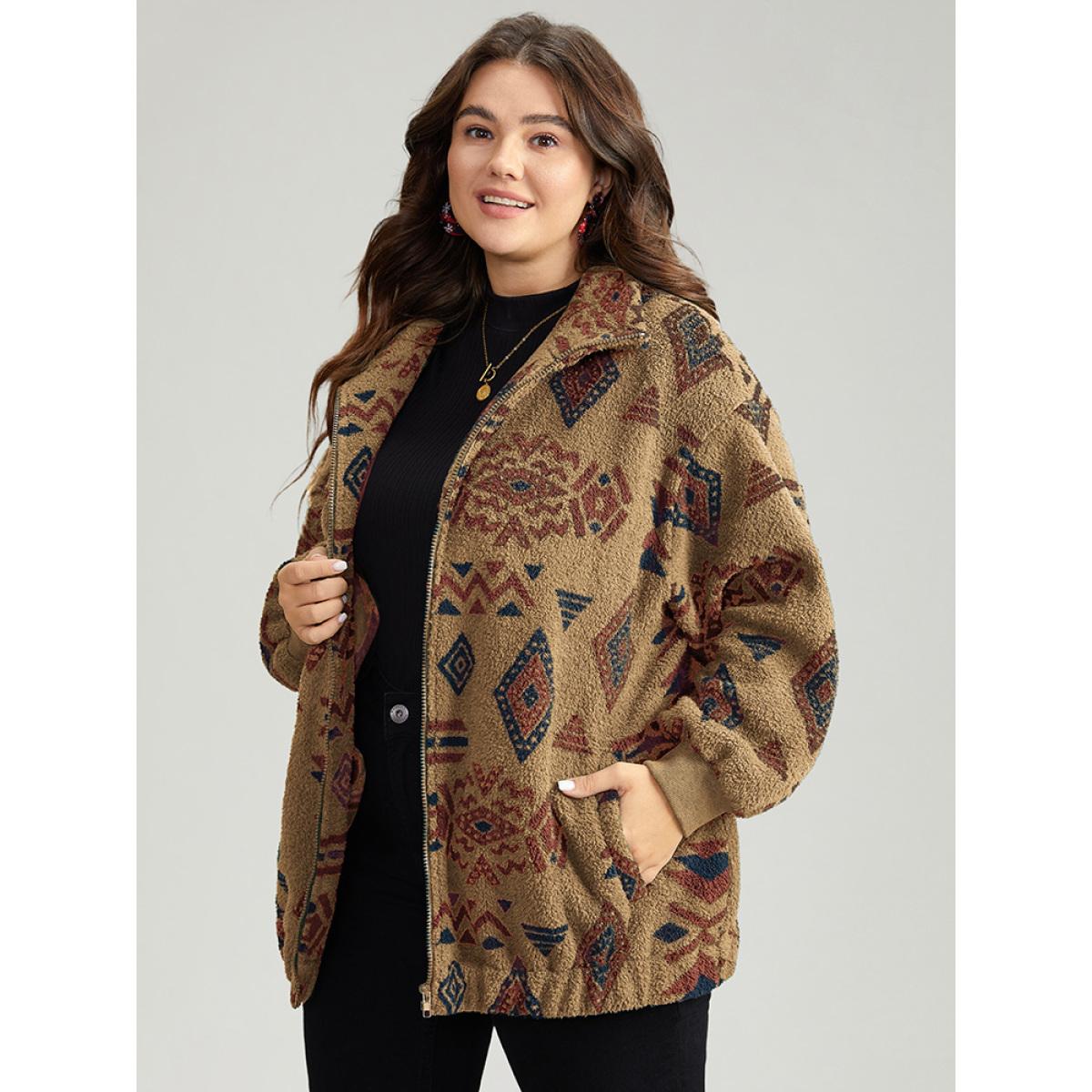 Plus Size Geometric Pocket Gathered Zipper Jacket Women Bronze Zipper Pocket Casual Jackets BloomChic 26/4X Product Image