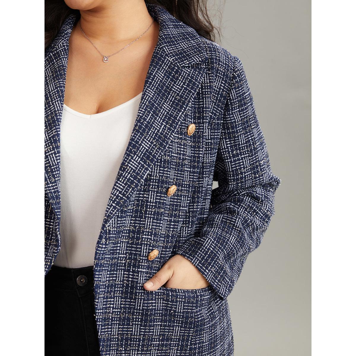 Plus Size Tweed Plaid Suit Collar Metal Detail Blazer Indigo Women Dailywear Plaid Lined Sleeve Long Sleeve Suit Collar 12/L Pocket Casual Blazers BloomChic Product Image
