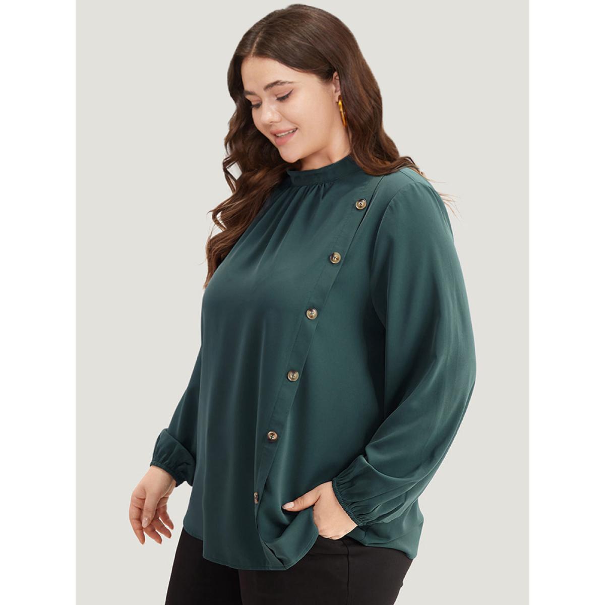 Plus Size Cyan Anti-Wrinkle Asymmetrical Button Gathered Blouse Women Office Long Sleeve Round Neck Work Blouses BloomChic 18-20/2X Product Image