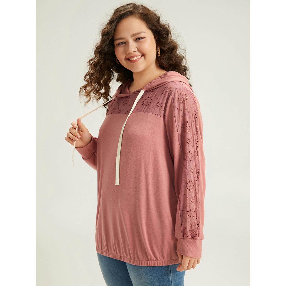 Plus Size Solid Hooded Drawstring Broderie Anglaise Sweatshirt Women Rouge Casual Elastic cuffs Hooded Dailywear Sweatshirts BloomChic 28/5X Product Image