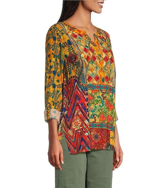 John Mark Floral Printed Y-Neck 3/4 Roll-Tab Sleeve Tunic Top Product Image