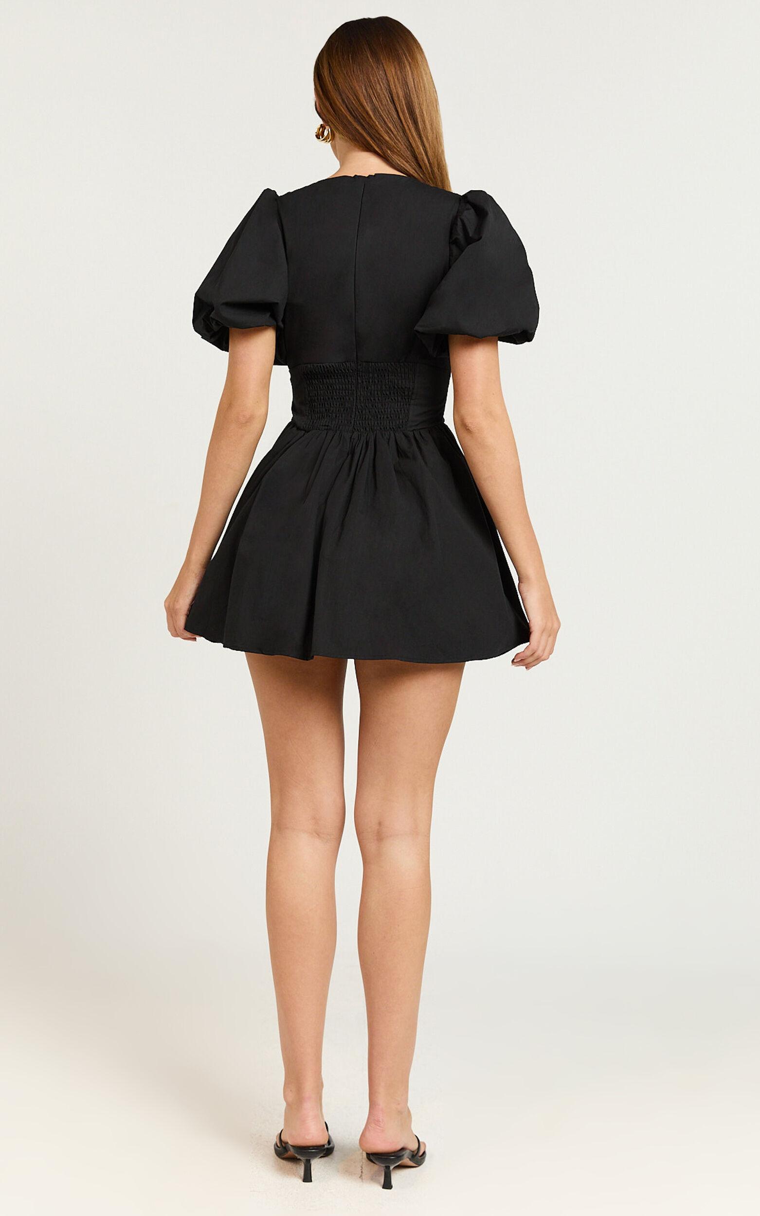 Nelli Mini Dress - Short Puff Sleeve Shirred Back Dress in Black Product Image