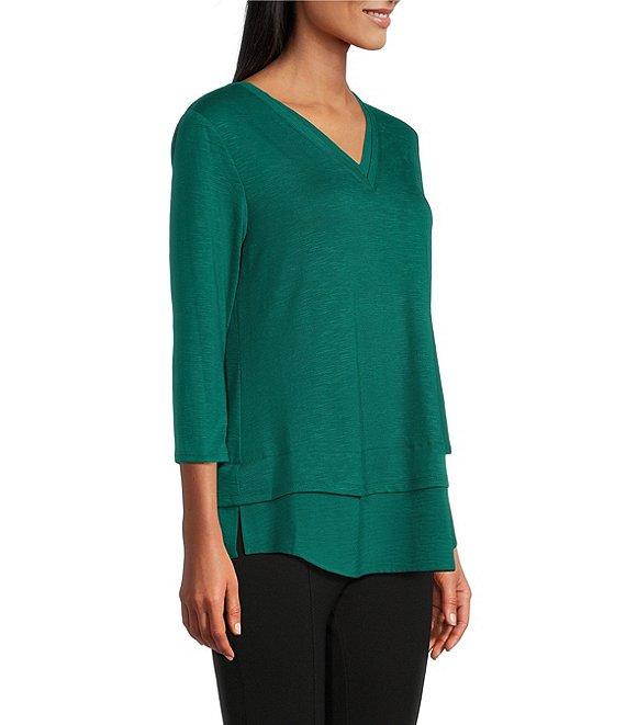 Slim Factor by Investments Chloe V-Neck 3/4 Sleeve Mixed Media Top Product Image