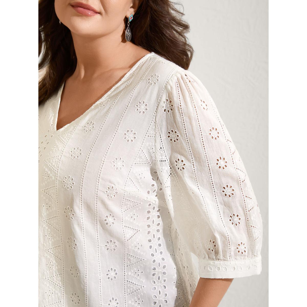 Plus Size WhiteSmoke Cotton Eyelet Embroidery V-Neck Blouse Women Boho Elbow-length sleeve V-neck Vacation Blouses BloomChic 26/4X Product Image