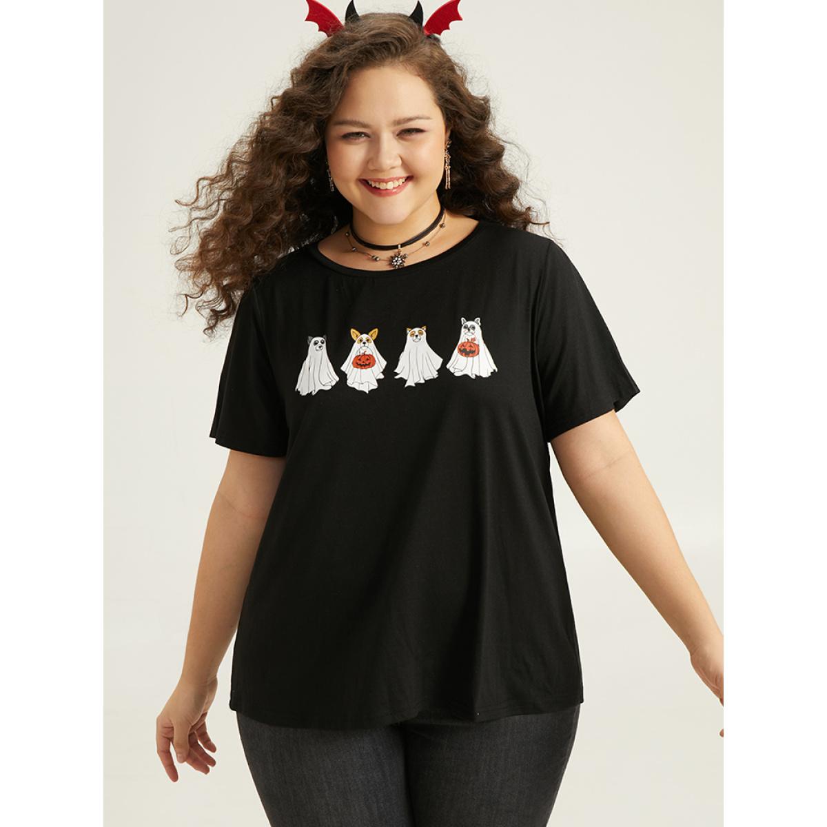 Plus Size Supersoft Essentials Halloween Print Crew Neck T-shirt Black Women Casual Printed Halloween Festival-Halloween T-shirts BloomChic 12/L Product Image
