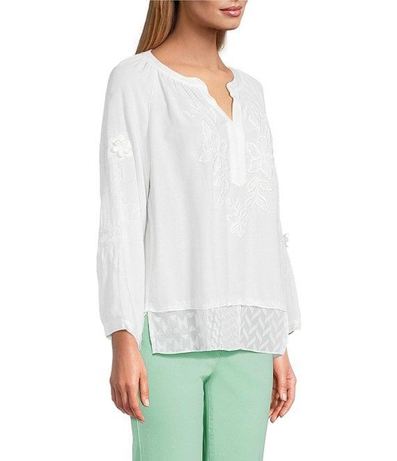 John Mark Mixed Eyelet Y-Neck 3/4 Sleeve Top Product Image