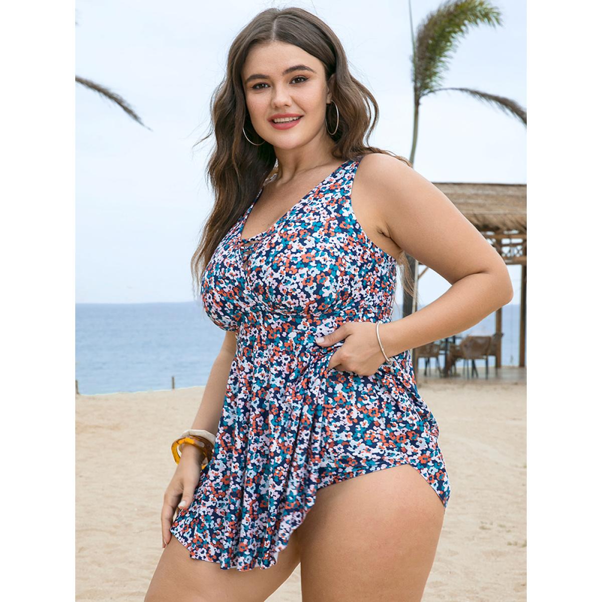 Plus Size Ditsy Floral Wrap Crisscross Swim Dress Women's Swimwear Blue Vacation Bodycon V-neck High stretch Curve Swim Dresses BloomChic 12/L Product Image