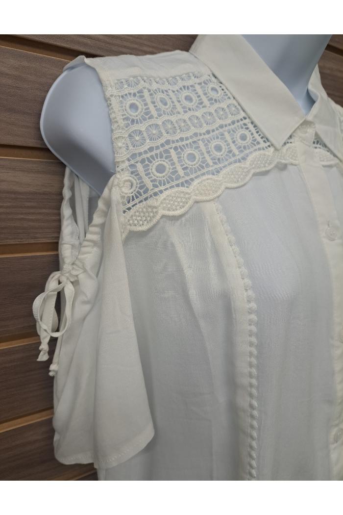 Linen lace cold shoulder button blouse Product Image