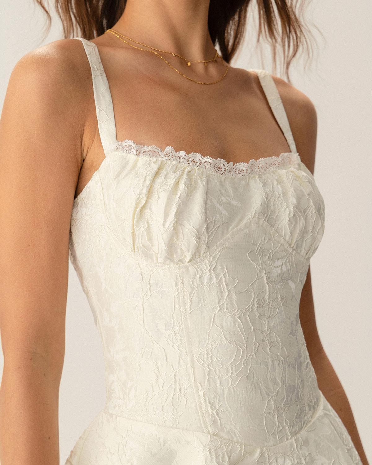 White Jacquard Ruched Slip Mini Dress Product Image