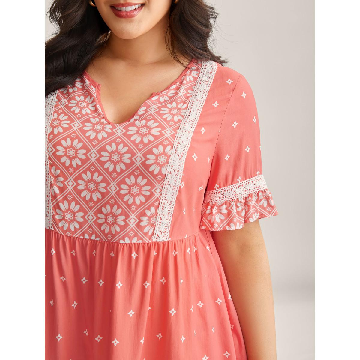 Plus Size OrangeRed Boho Print Lace Babydoll Top Women Half Sleeve Flat collar with V-notch Everyday-Elegant Blouses BloomChic 10/M Product Image