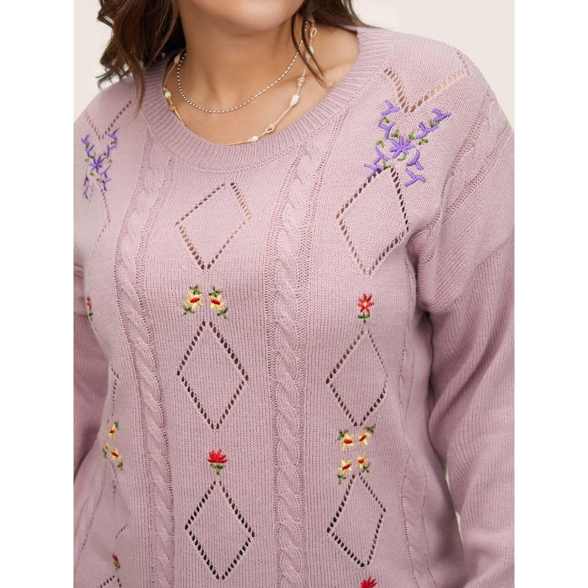 Plus Size Floral Embroidered Geometric Hollow Out Cable Knit Pullover Lilac Women Casual Long Sleeve Round Neck Everyday Pullovers BloomChic 14-16/1X Product Image