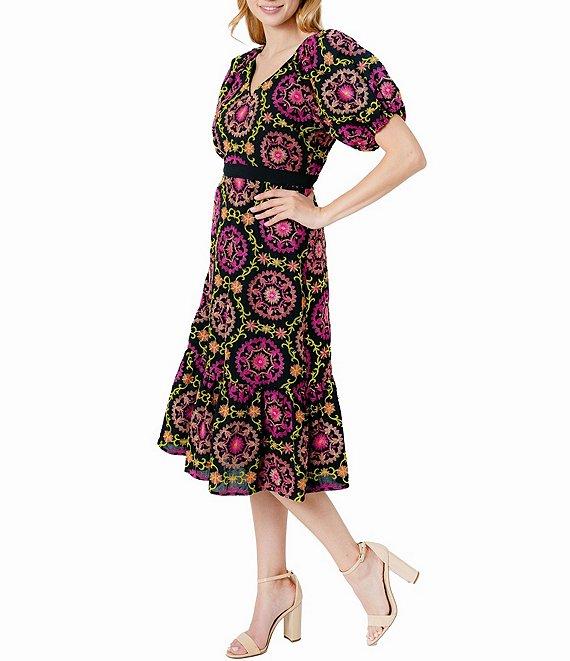 Sam Edelman Regalia Eyelet Placement Print V-Neck Short Puff Sleeve A-Line Midi Dress Product Image
