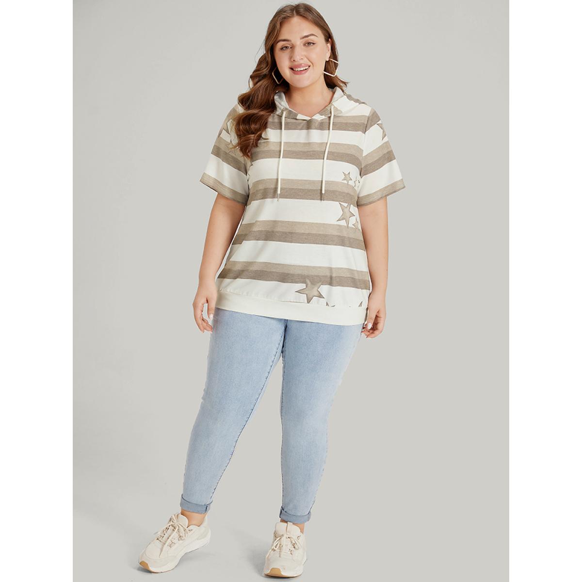 Plus Size Striped & Star Print Hooded Ties Sweatshirt Women Multicolor Casual Printed Hooded Dailywear Sweatshirts BloomChic 18-20/2X Product Image