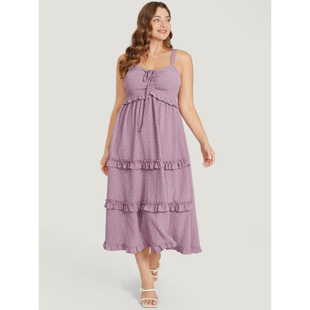 Plus Size Plain Drawstring Ruched Pocket Ruffle Trim Cami Dress Mauve Women Elegant Adjustable Straps Spaghetti Strap Sleeveless Curvy Midi Dress BloomChic 14-16/1X Product Image