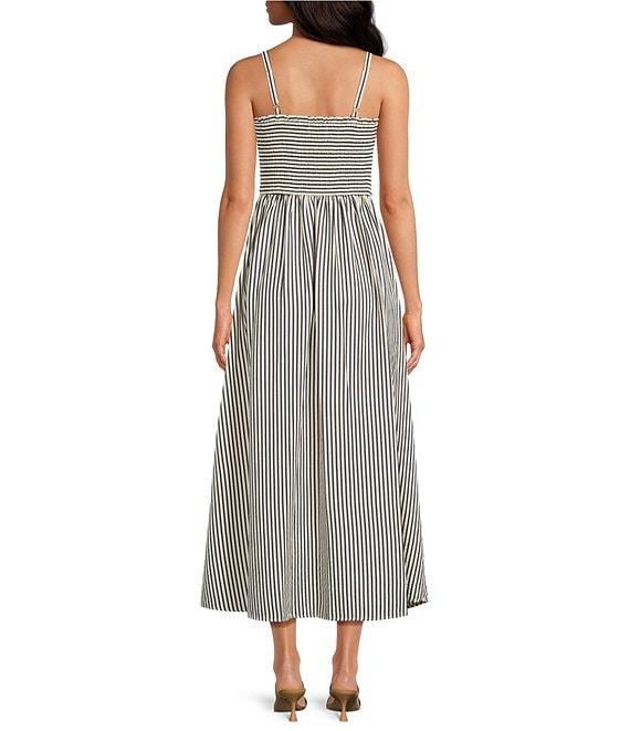 CeCe Woven Stripe Print Square Neck Sleeveless Smocked Midi A-Line Dress Product Image