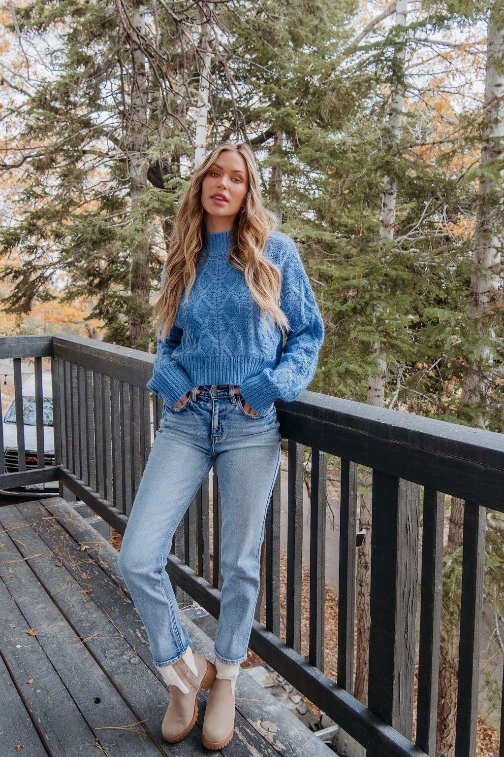 Blue Cable Knit Mock Neck Sweater - FINAL SALE Product Image