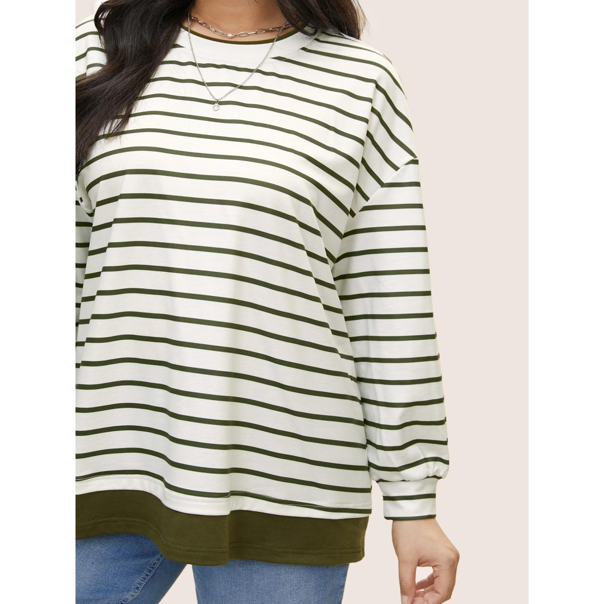 Plus Size 2-In-1 Contrast Striped Patchwork Sweatshirt Women ArmyGreen Casual Contrast Round Neck Everyday Sweatshirts BloomChic 14-16/1X Product Image
