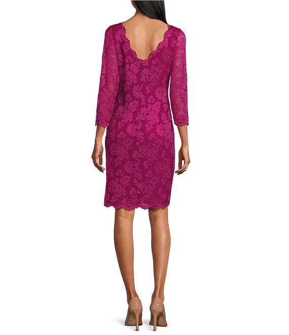 Marina Boat Neck 3/4 Illusion Sleeve Scalloped Lace Dress Product Image