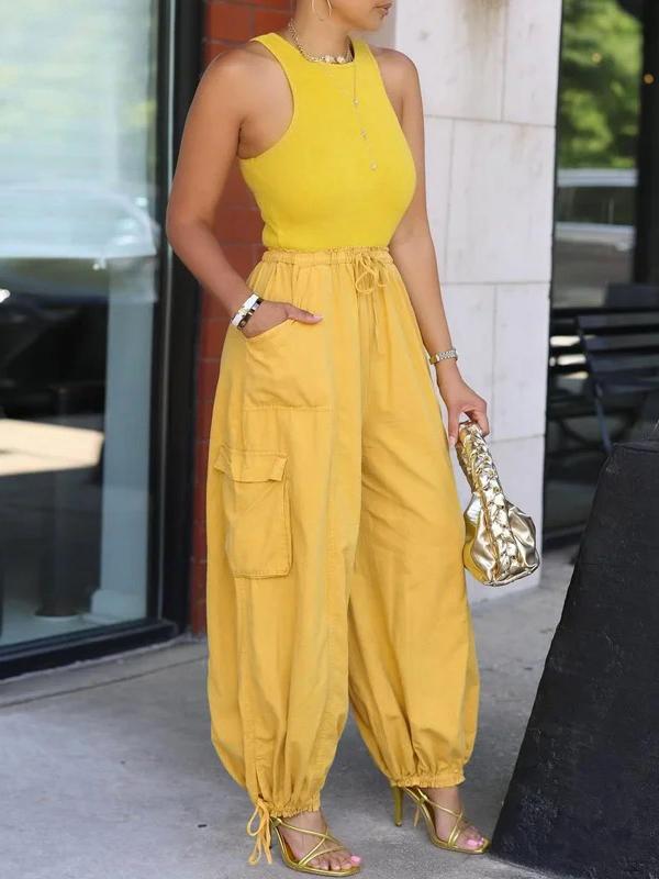 Loose Drawstring Elasticity Pockets Solid Color Casual Pants Bottoms Cropped Trousers Trousers Product Image