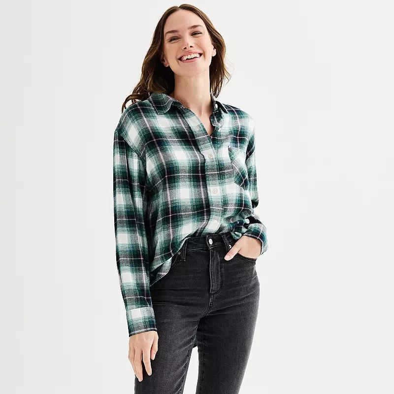 Petite Sonoma Goods For Life® Oversized Boyfriend Flannel, Women's, Size: Large Petite, Moss Green Plaid Product Image