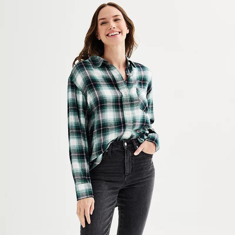 Petite Sonoma Goods For Life® Oversized Boyfriend Flannel, Women's, Size: Large Petite, Moss Green Plaid Product Image