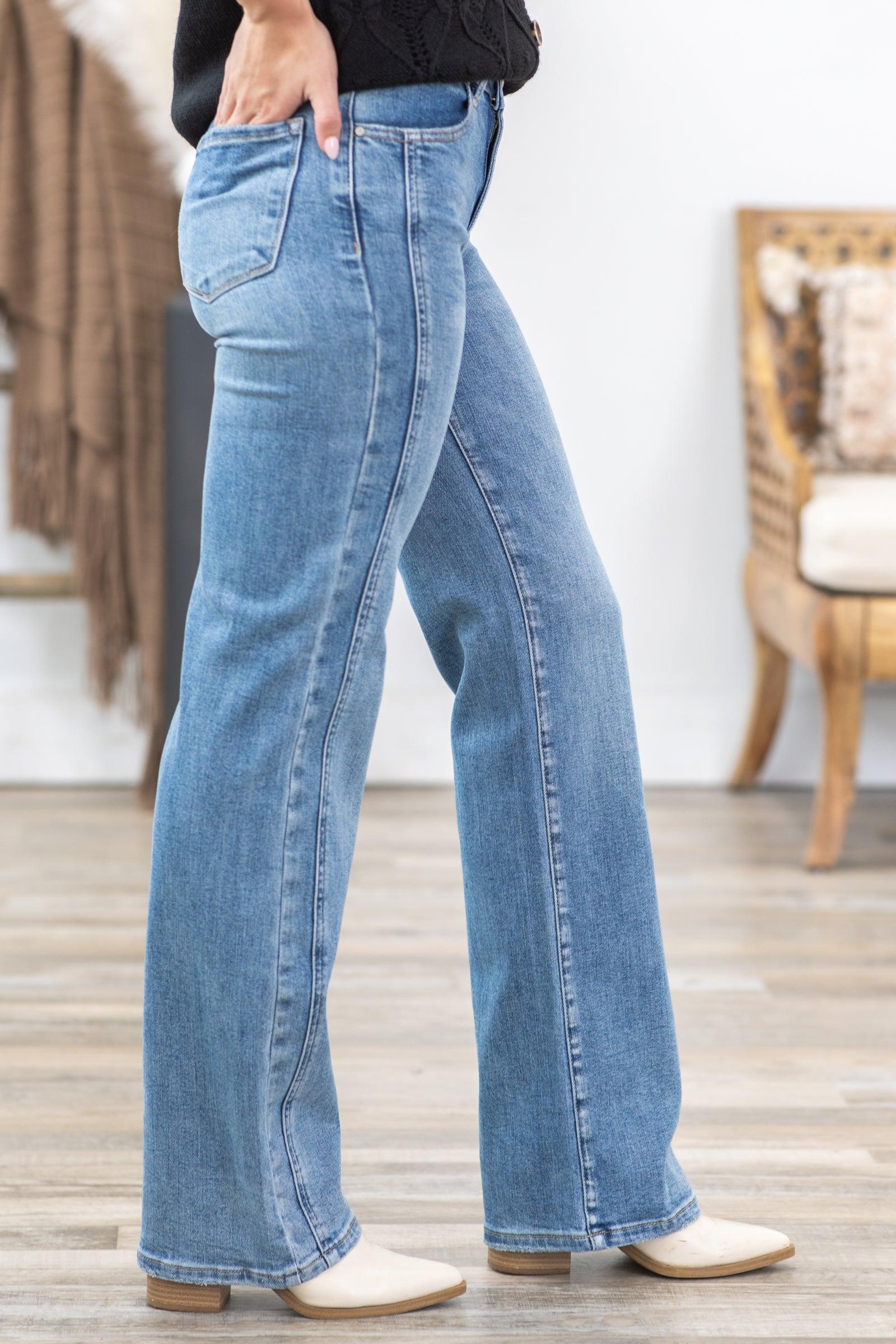 Risen Medium Wash Mid Rise Straight Jeans Product Image