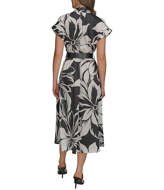 Donna Karan Twill V-Neck Belted Short Sleeve A-Line Floral Midi Dress Product Image