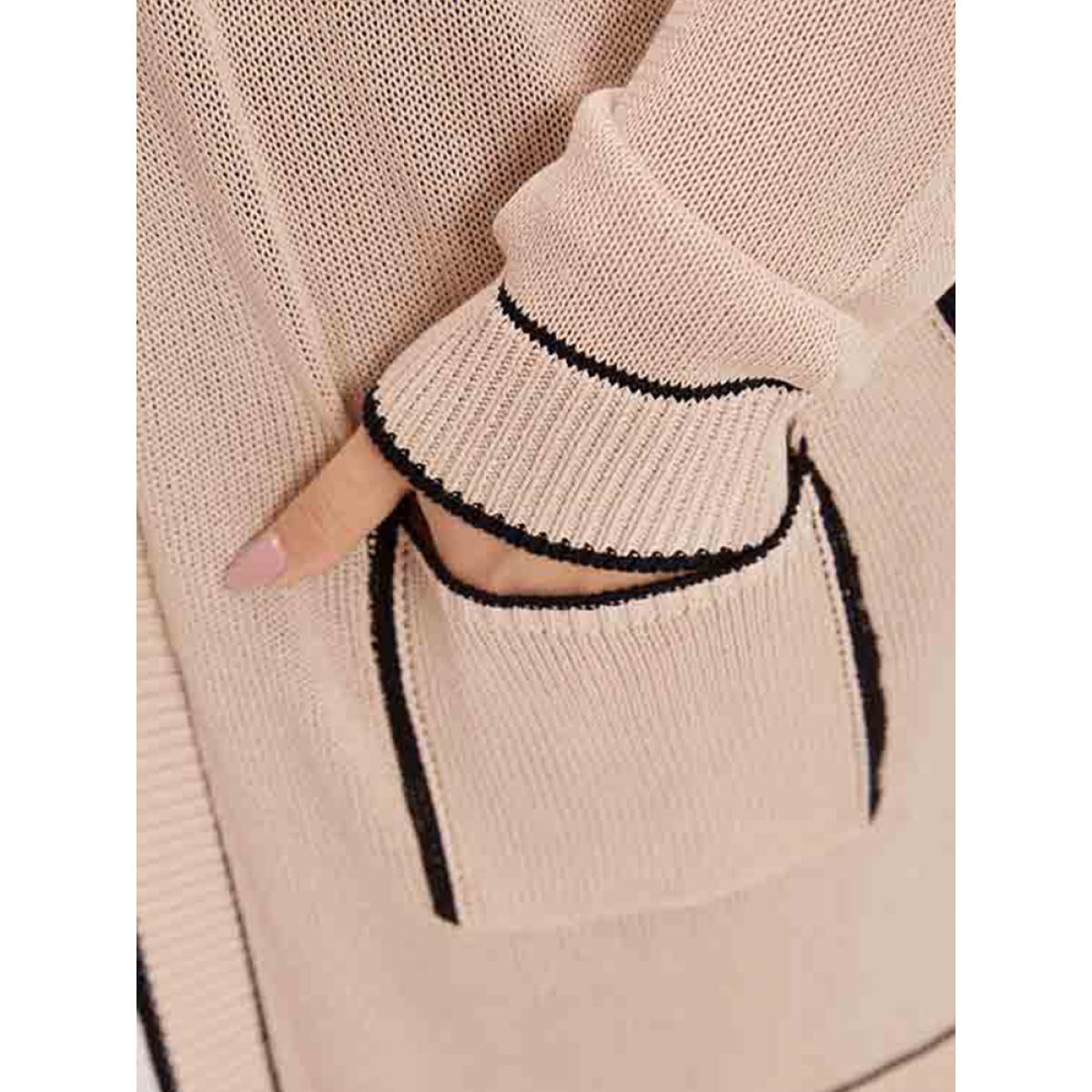 Plus Size Contrast Trim Patched Pocket Drop Shoulder Cardigan Champagne Women Casual Loose Long Sleeve Everyday Cardigans BloomChic 28/5X Product Image